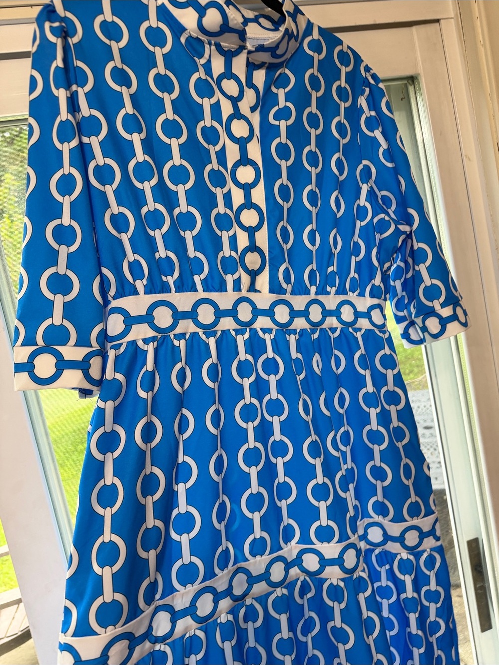 Bright Blue/White Chain-Print Tiered Lightweight Maxi Dress, Large - Picture 5 of 7